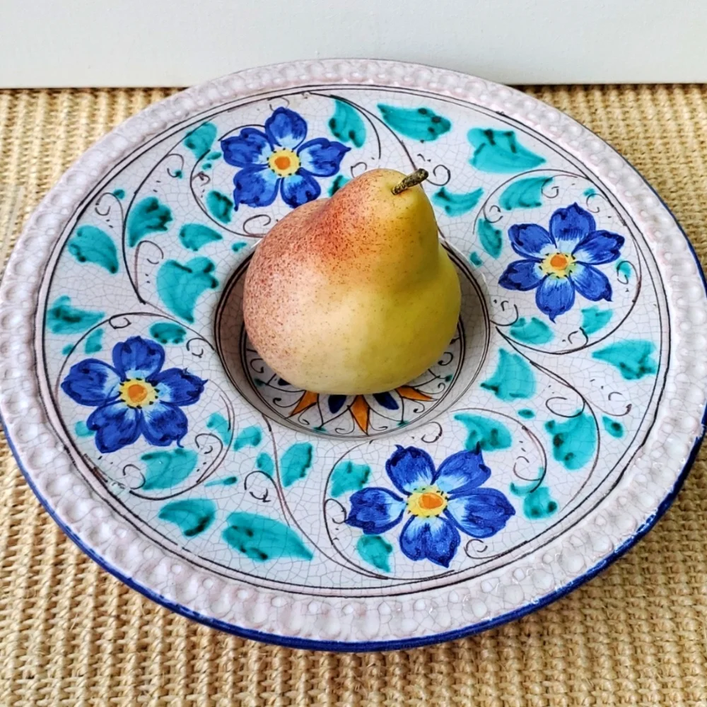 Floral Italian Handpainted Serving Plate Blue and Green Glazed Ceramic